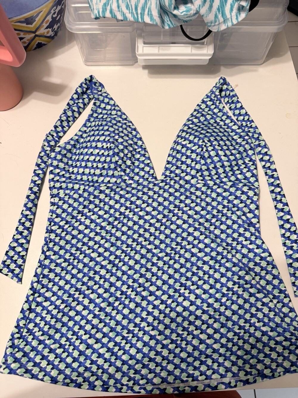 TOMMY BAHAMA Mosaic Pool Ring Tankini Top Size Medium Blue/Green Palm Modern NWT